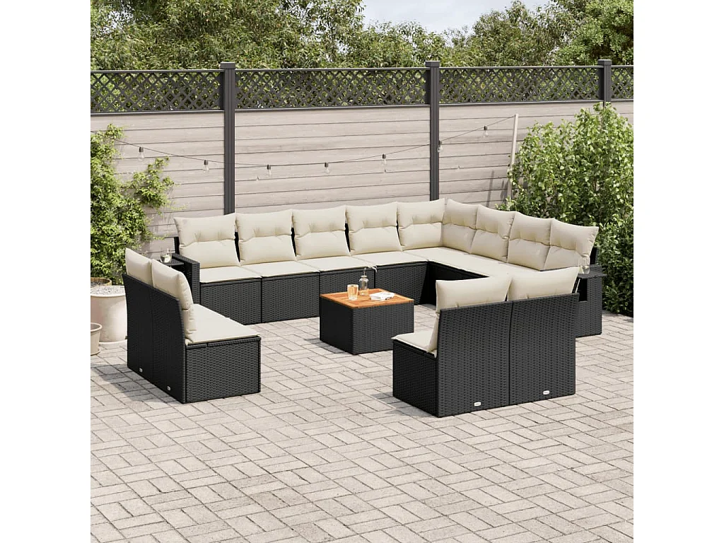 Salon de jardin avec coussins 13 pcs noir résine tressée