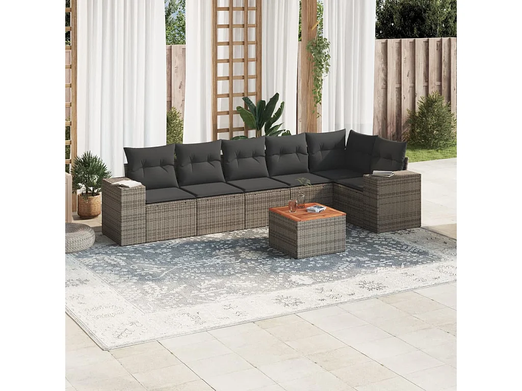 Salon de jardin avec coussins 7 pcs gris résine tressée