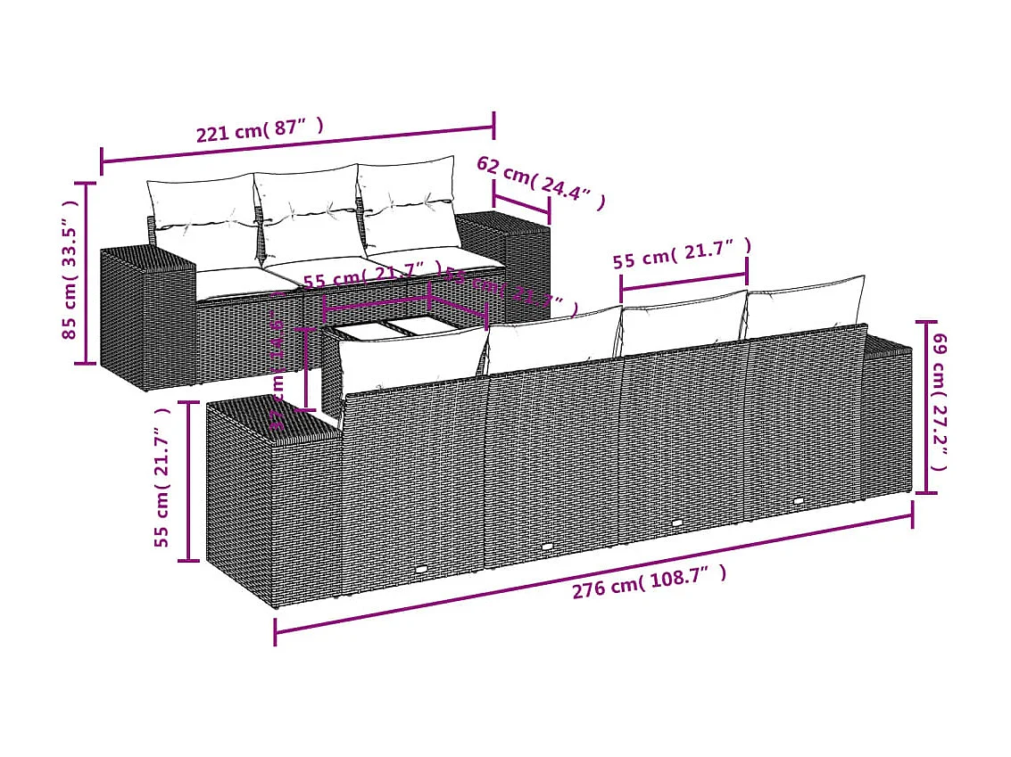 Salon de jardin 8 pcs avec coussins gris résine tressée