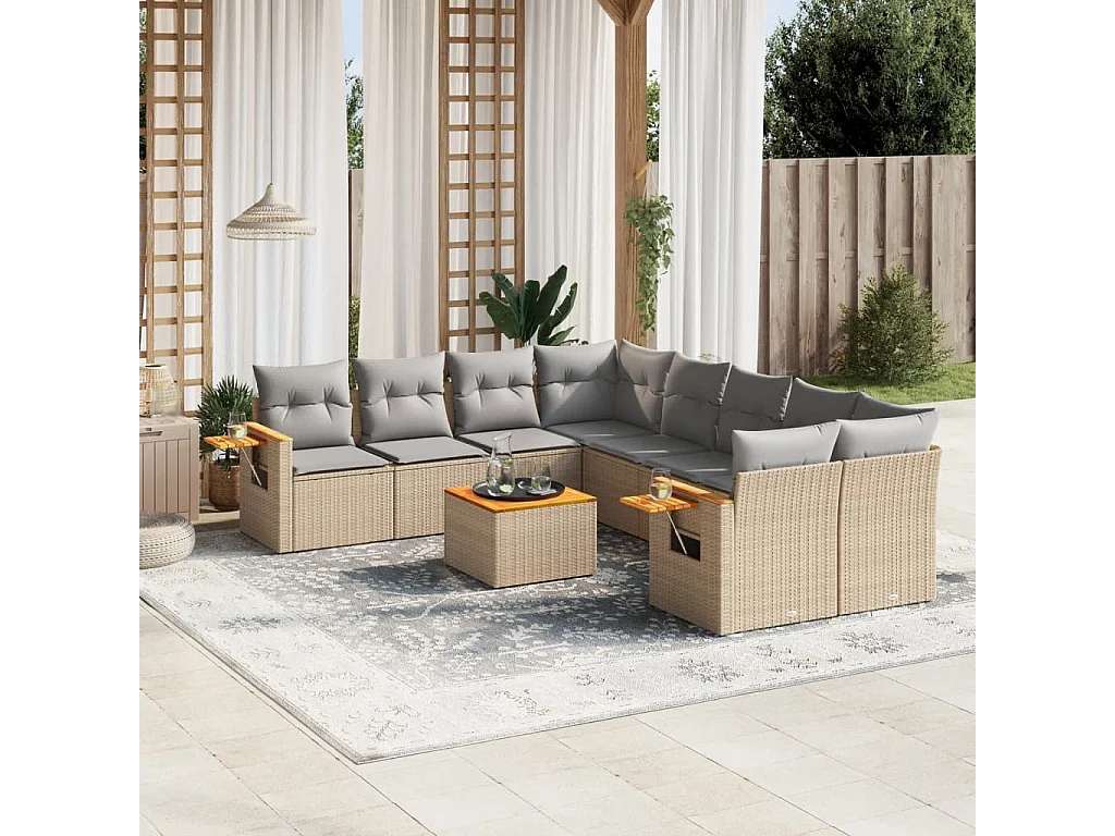 Salon de jardin avec coussins 9 pcs beige résine tressée