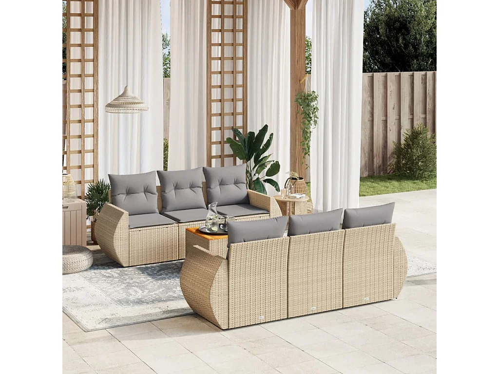 Salon de jardin avec coussins 7 pcs beige résine tressée