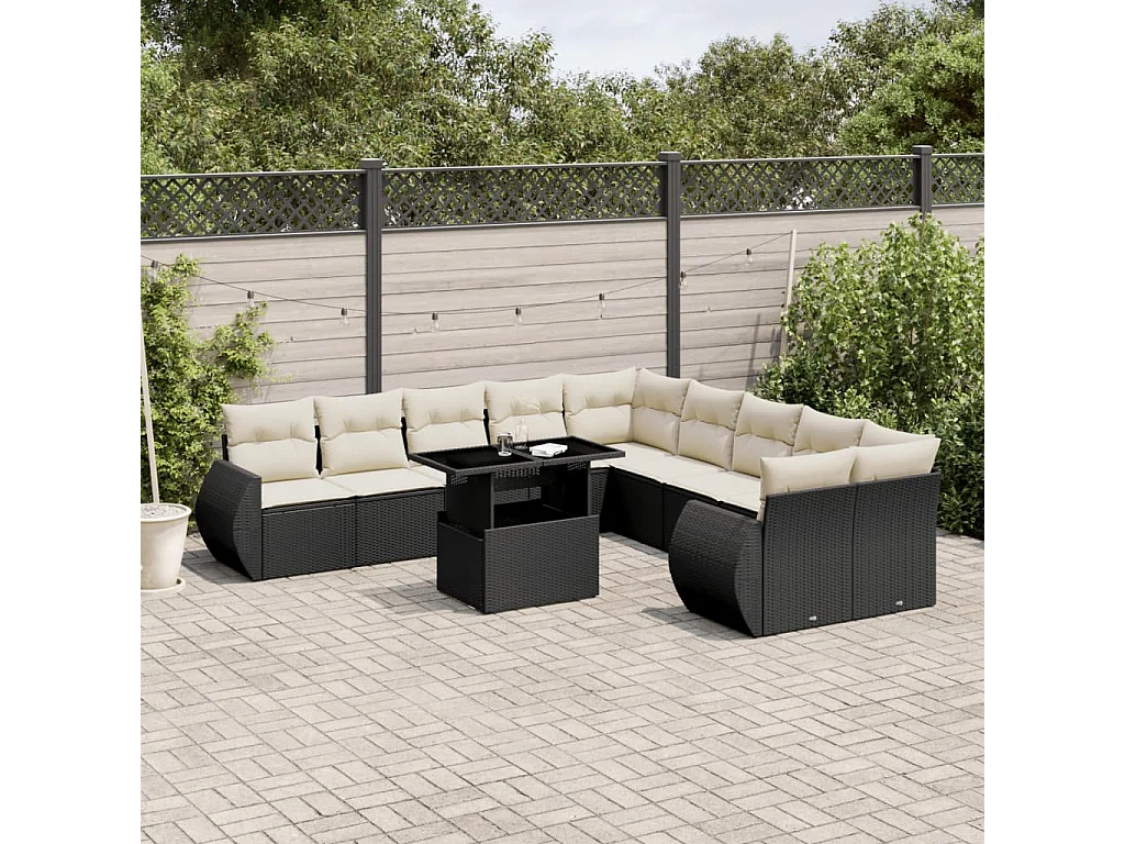 Salon de jardin 11 pcs avec coussins noir résine tressée