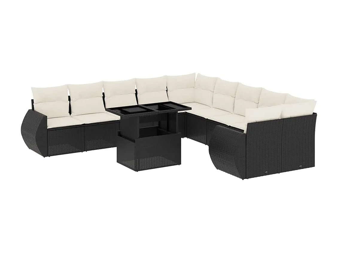 Salon de jardin 11 pcs avec coussins noir résine tressée