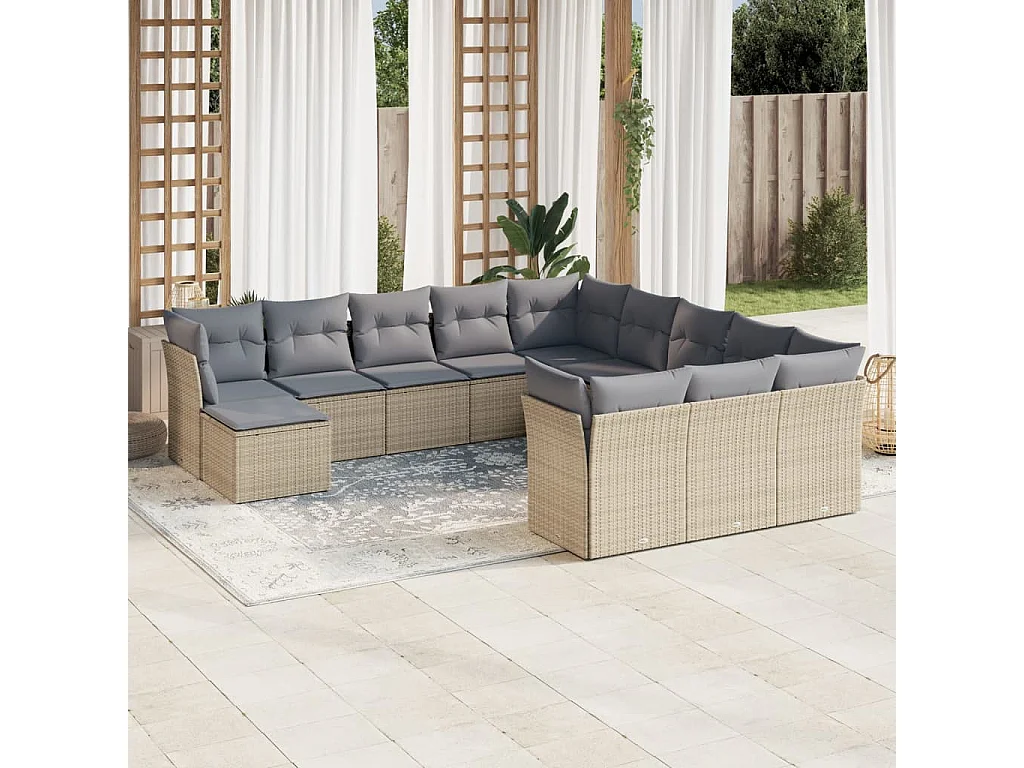 Salon de jardin avec coussins 12 pcs beige résine tressée