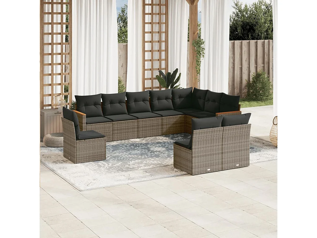 Salon de jardin avec coussins 10 pcs gris résine tressée
