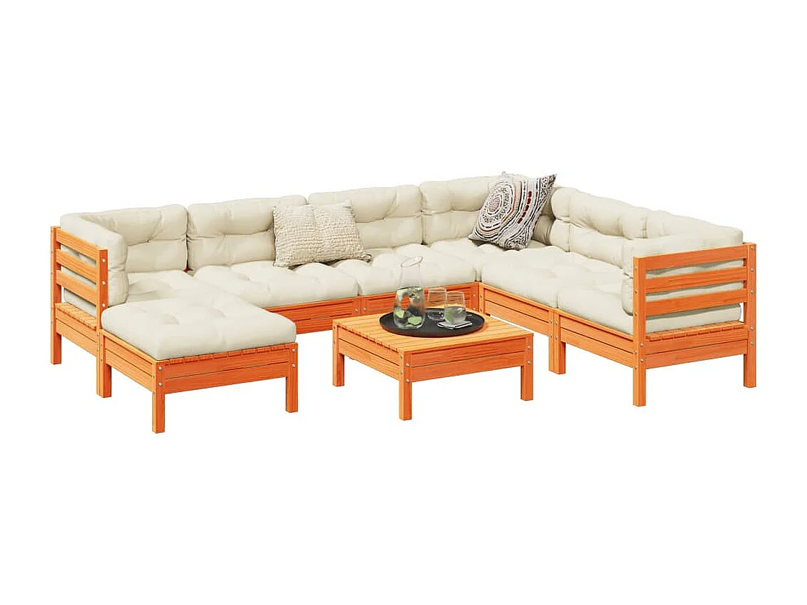 Salon de jardin 8 pcs avec coussins marron cire bois pin massif