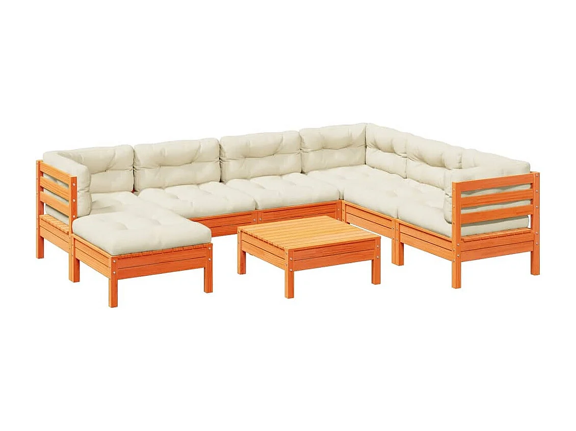 Salon de jardin 8 pcs avec coussins marron cire bois pin massif