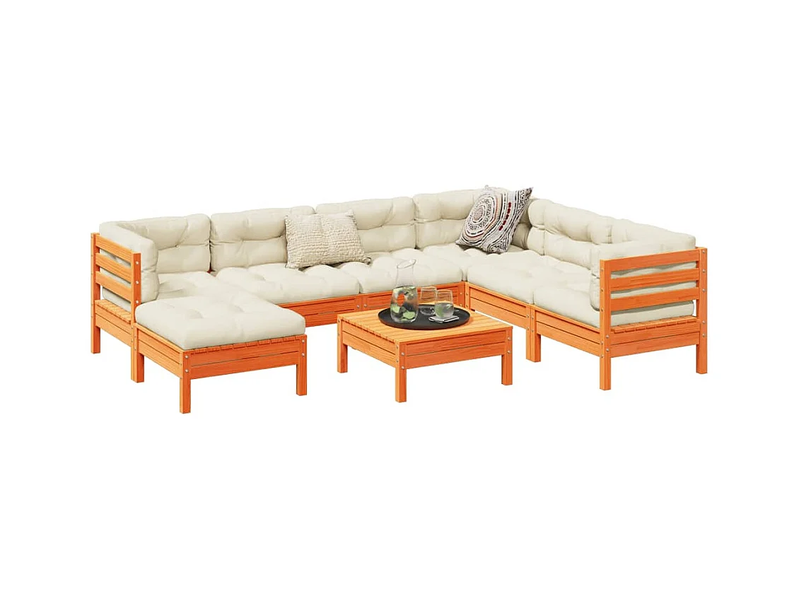 Salon de jardin 8 pcs avec coussins marron cire bois pin massif