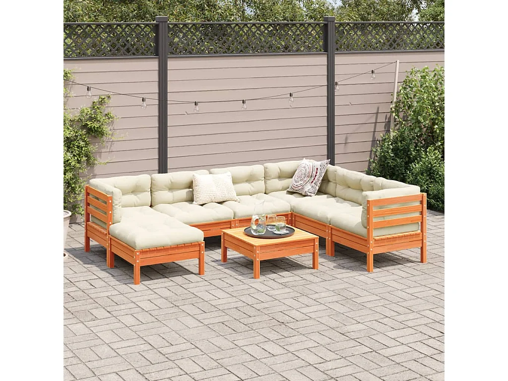 Salon de jardin 8 pcs avec coussins marron cire bois pin massif