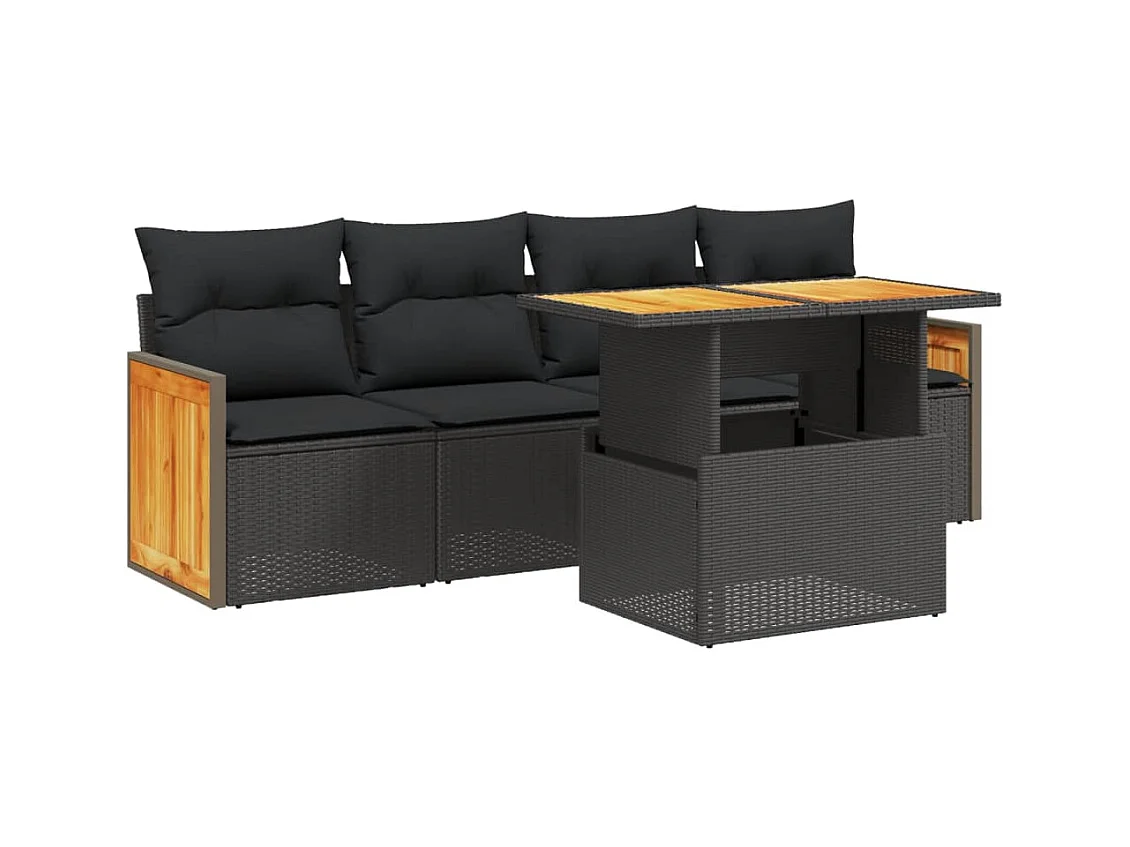 Salon de jardin 5 pcs avec coussins noir résine tressée