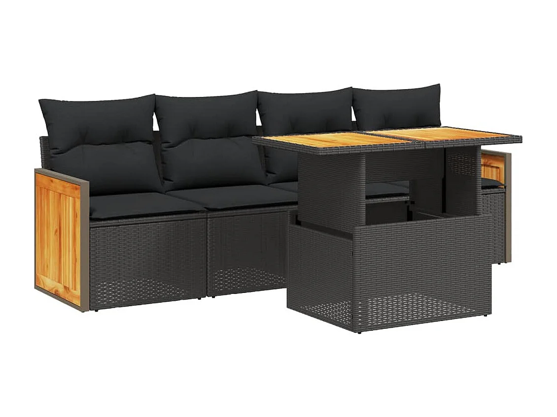 Salon de jardin 5 pcs avec coussins noir résine tressée