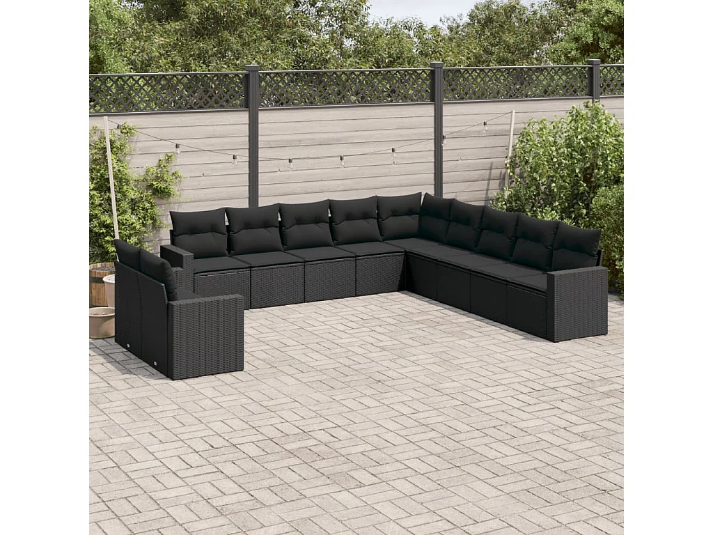 Salon de jardin 11 pcs avec coussins noir résine tressée