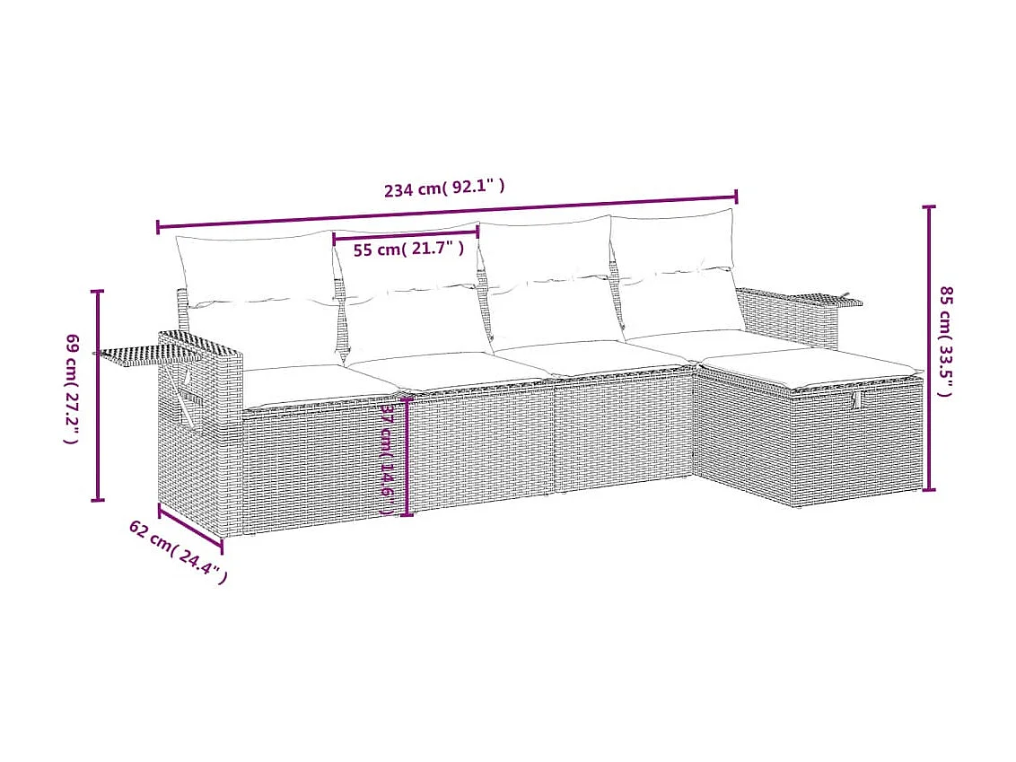 Salon de jardin avec coussins 5 pcs marron résine tressée
