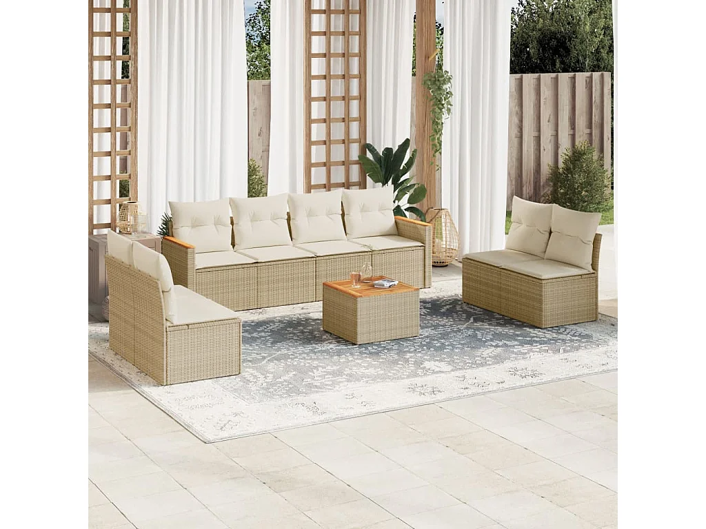 Salon de jardin avec coussins 9 pcs beige résine tressée