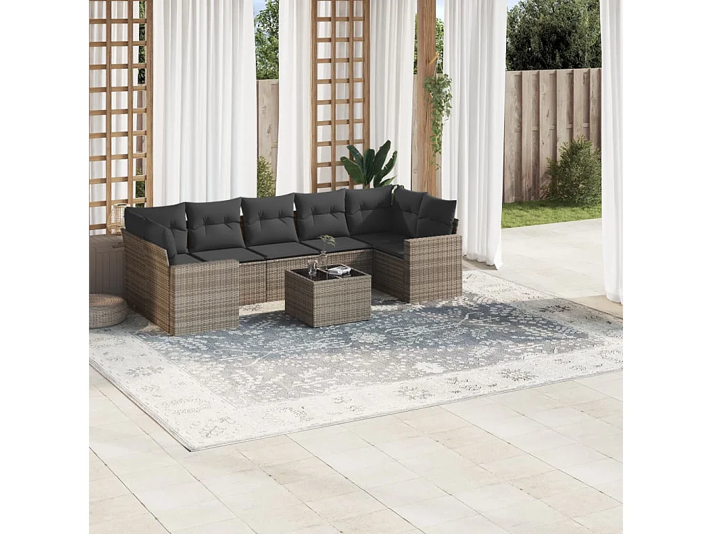 Salon de jardin 8 pcs avec coussins gris résine tressée