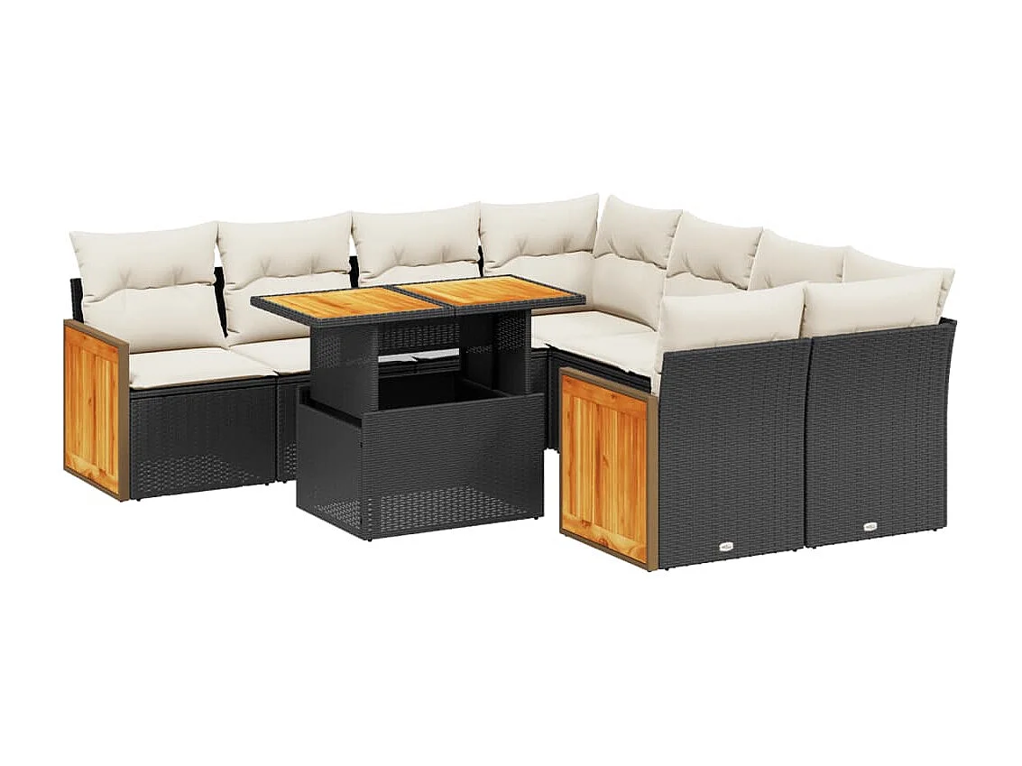Salon de jardin 9 pcs avec coussins noir résine tressée