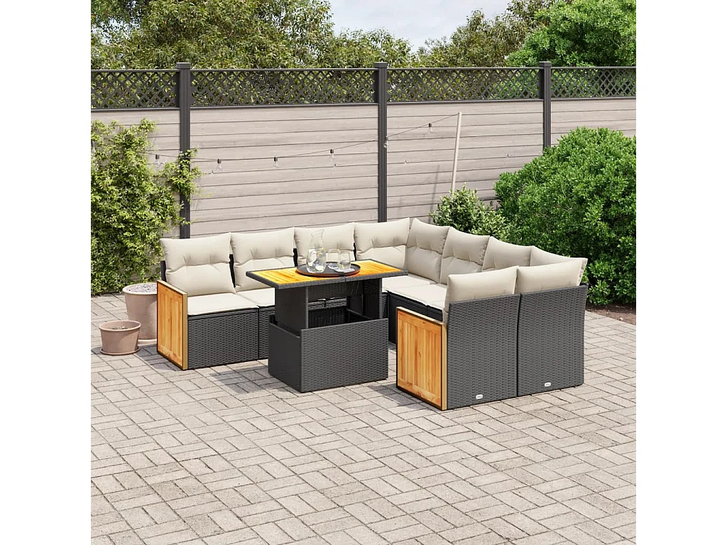 Salon de jardin 9 pcs avec coussins noir résine tressée