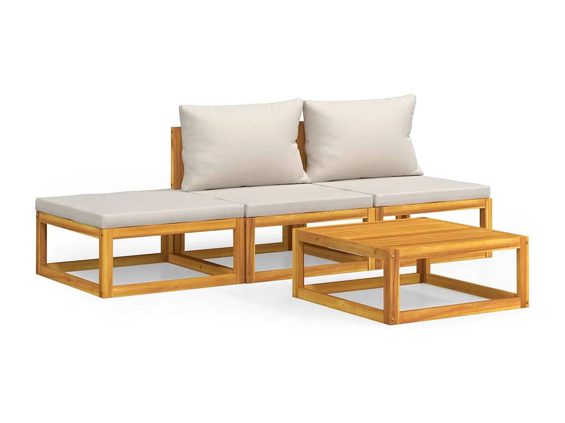 Salon de jardin 4 pcs avec coussins gris clair bois massif