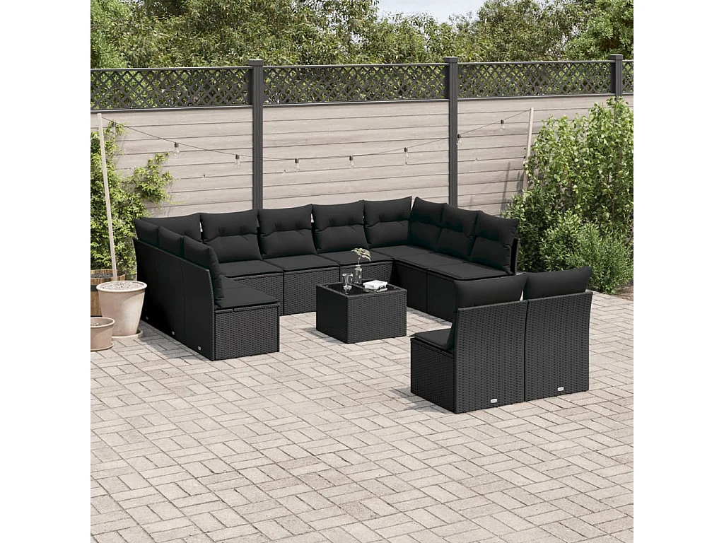 Salon de jardin 12 pcs avec coussins noir résine tressée