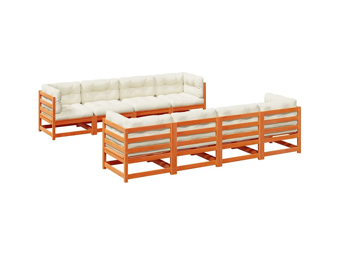 Salon de jardin 9 pcs avec coussins marron cire bois pin massif