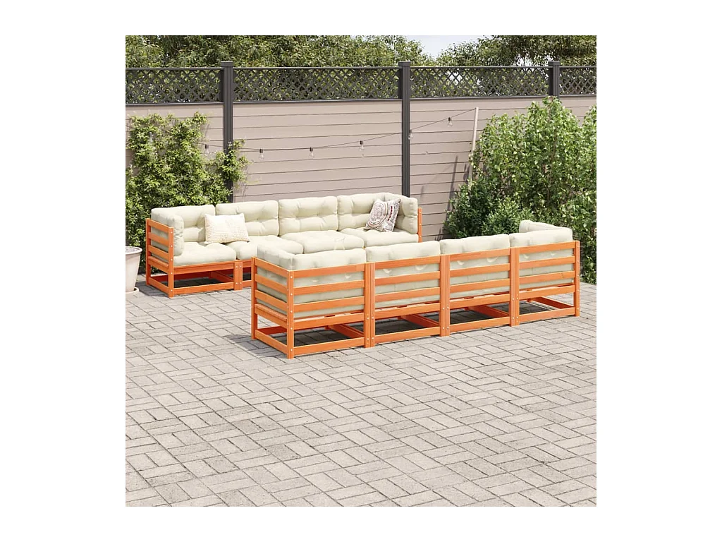 Salon de jardin 9 pcs avec coussins marron cire bois pin massif