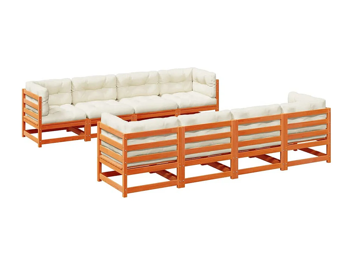 Salon de jardin 9 pcs avec coussins marron cire bois pin massif