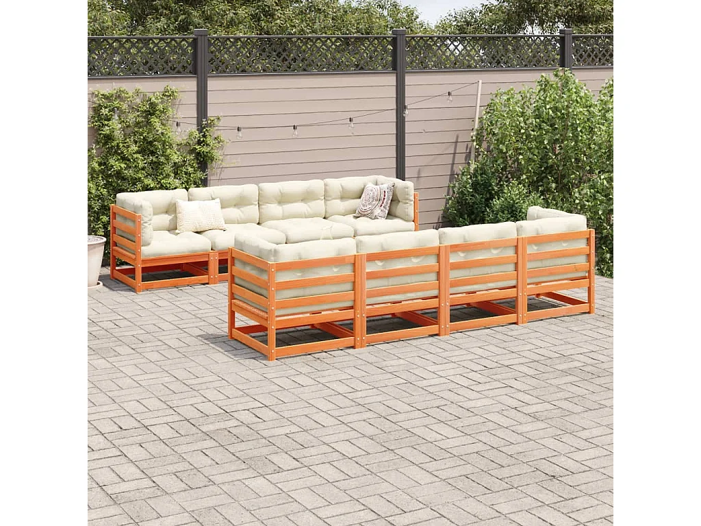 Salon de jardin 9 pcs avec coussins marron cire bois pin massif