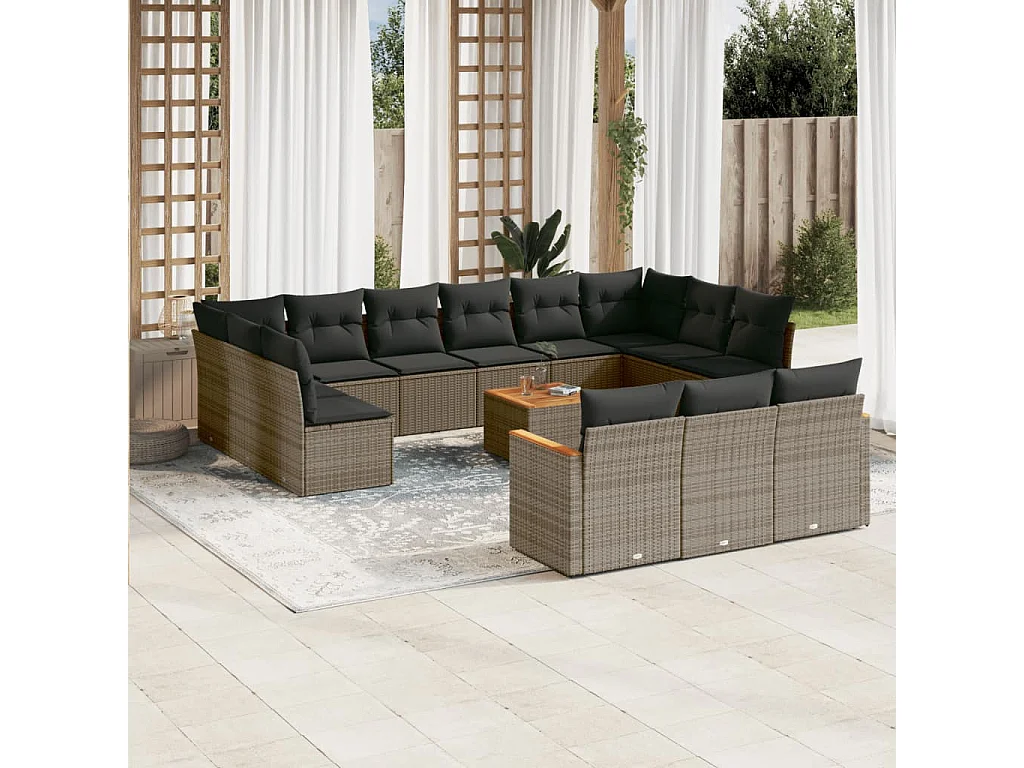 Salon de jardin avec coussins 14 pcs gris résine tressée
