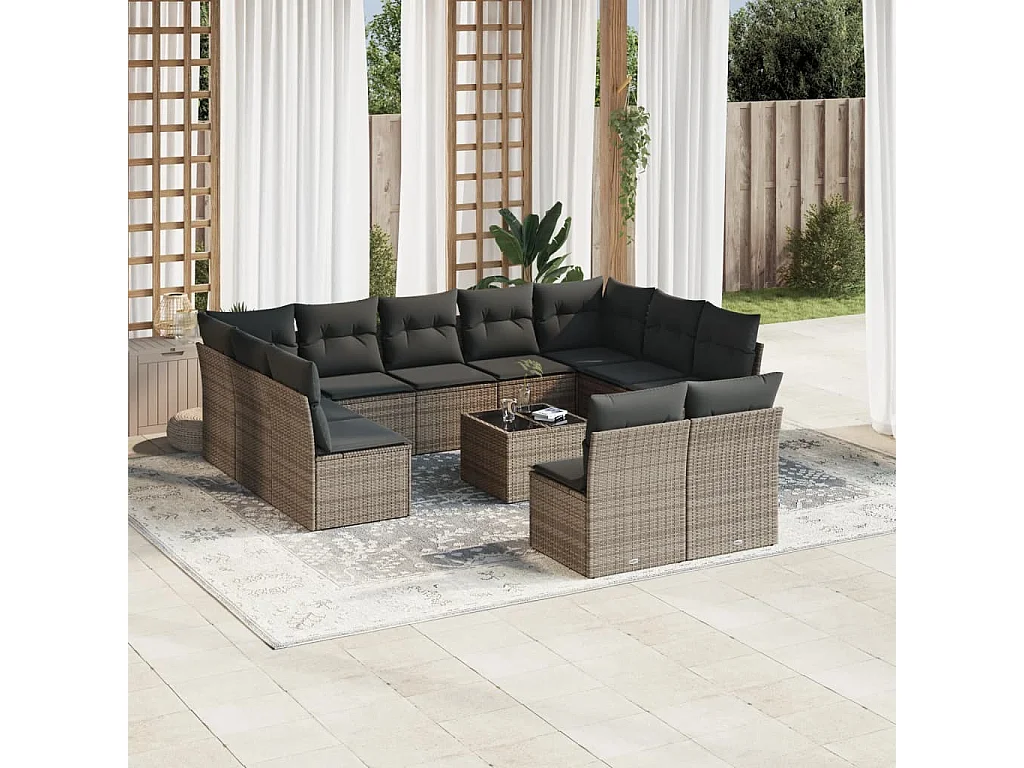 Salon de jardin avec coussins 12 pcs gris résine tressée