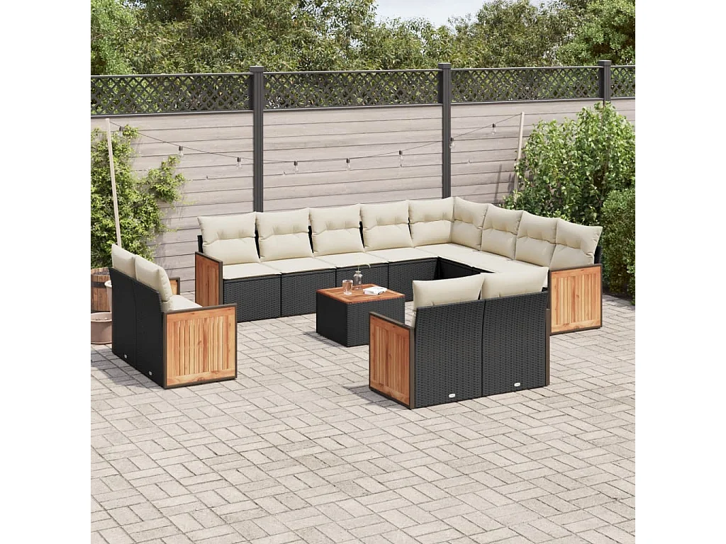 Salon de jardin avec coussins 13 pcs noir résine tressée