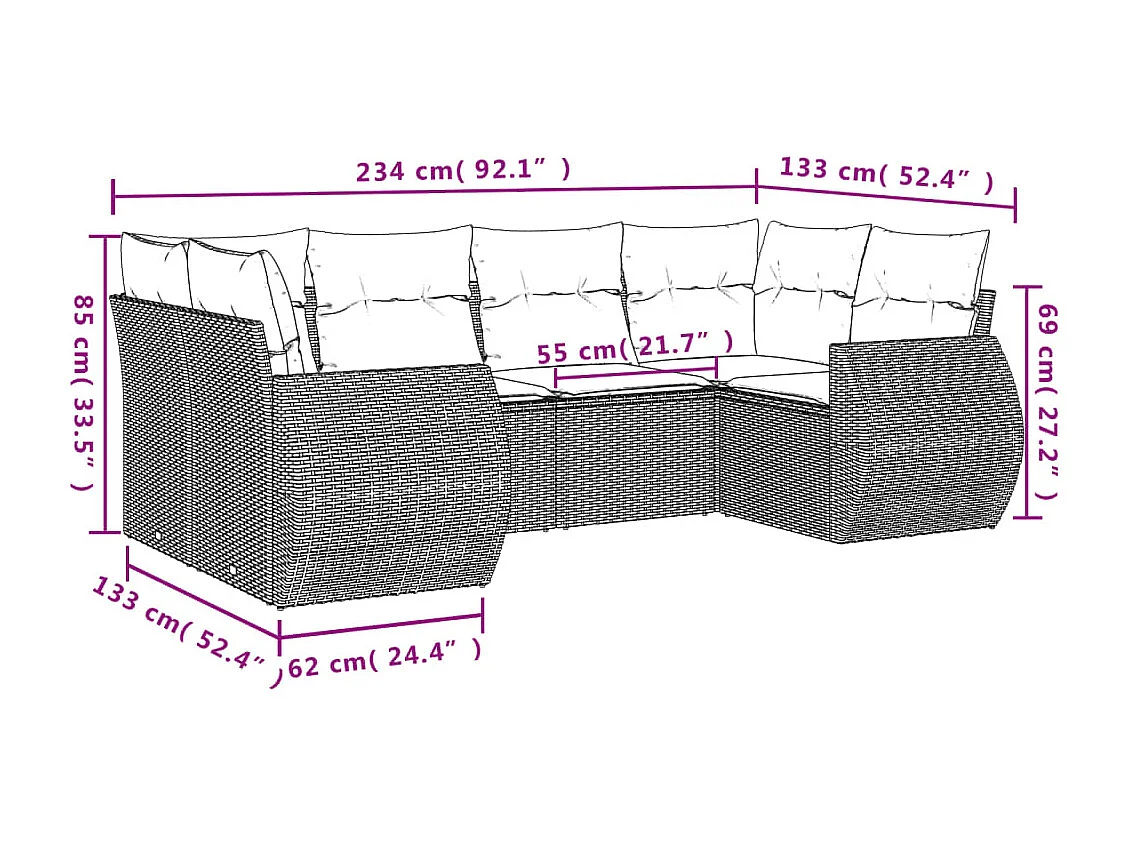 Salon de jardin 7 pcs avec coussins noir résine tressée