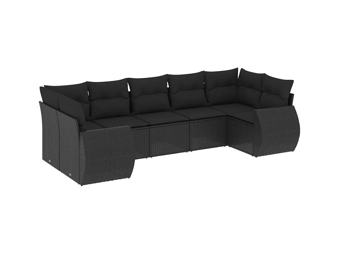 Salon de jardin 7 pcs avec coussins noir résine tressée