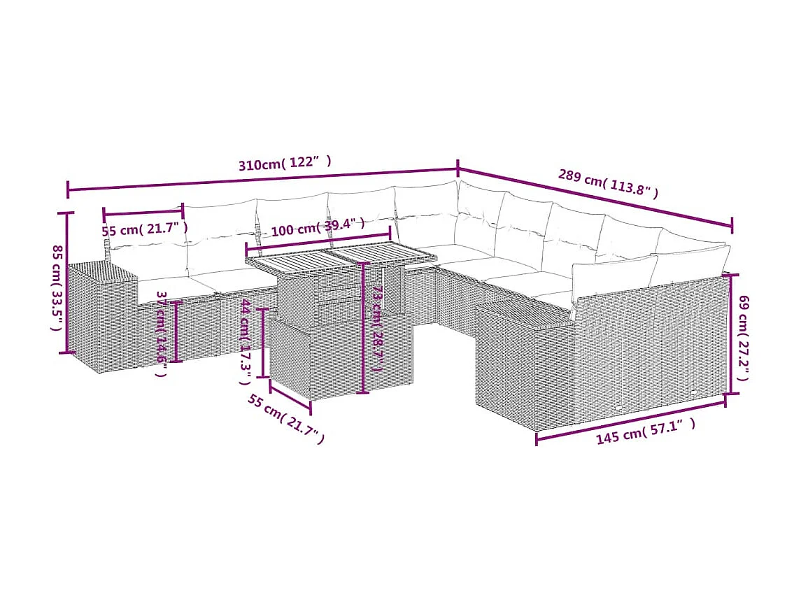 Salon de jardin 11 pcs avec coussins noir résine tressée