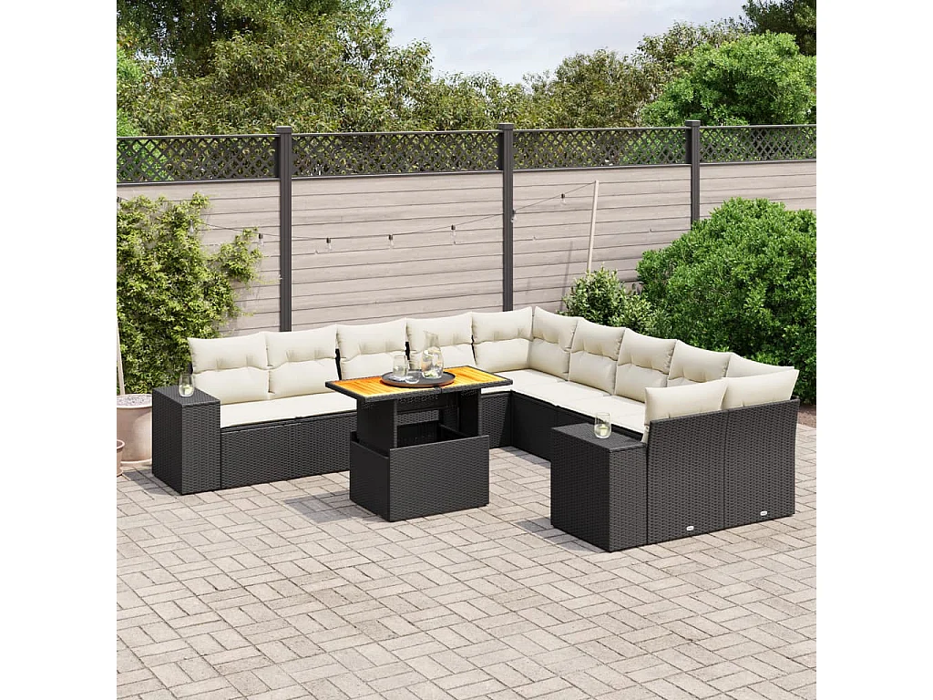 Salon de jardin 11 pcs avec coussins noir résine tressée