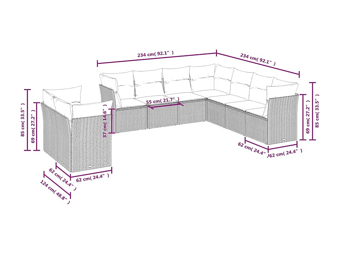 Salon de jardin avec coussins 9 pcs beige résine tressée
