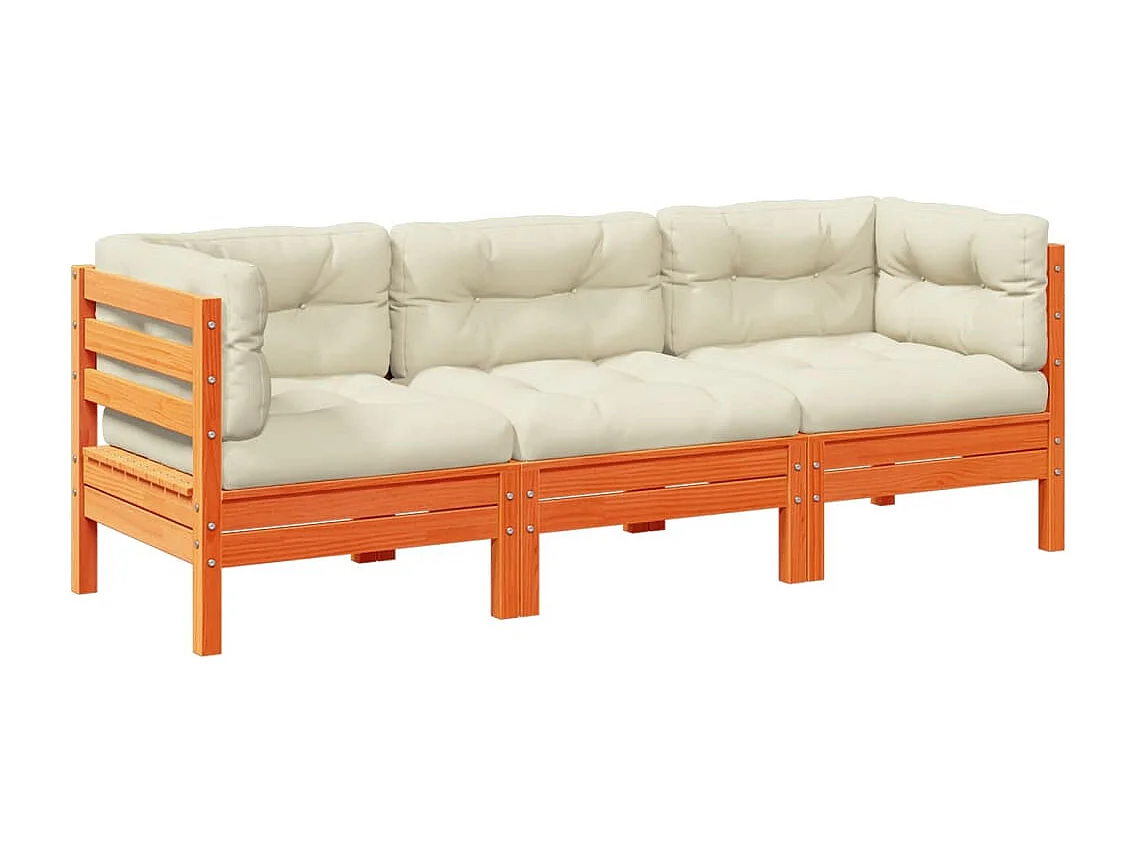 Salon de jardin 3 pcs avec coussins cire marron bois pin massif