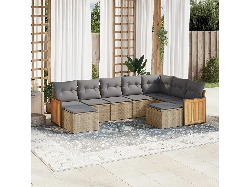 Salon de jardin avec coussins 9 pcs beige résine tressée