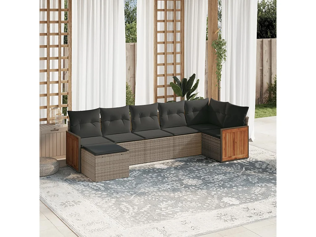 Salon de jardin avec coussins 7 pcs gris résine tressée