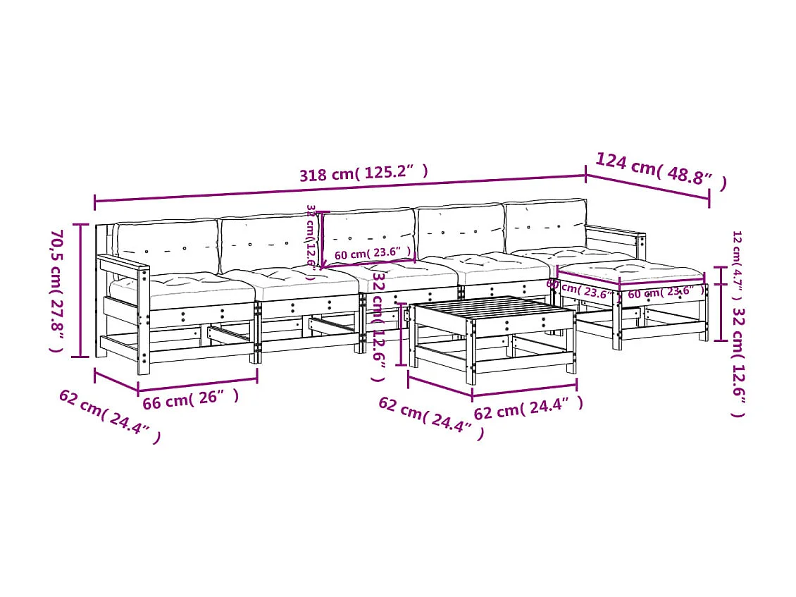 Salon de jardin 7 pcs avec coussins bois massif douglas