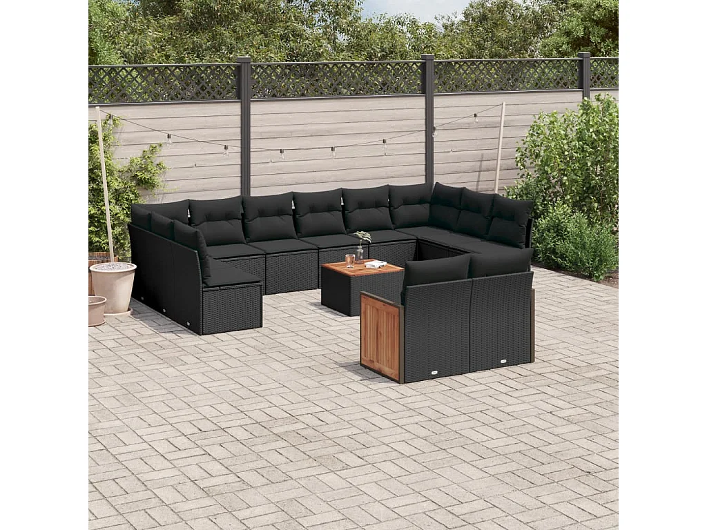 Salon de jardin 12 pcs avec coussins noir résine tressée