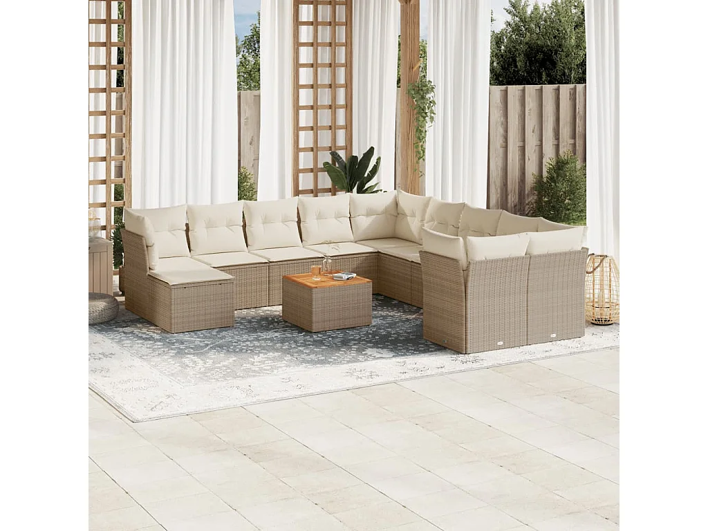 Salon de jardin avec coussins 12 pcs beige résine tressée