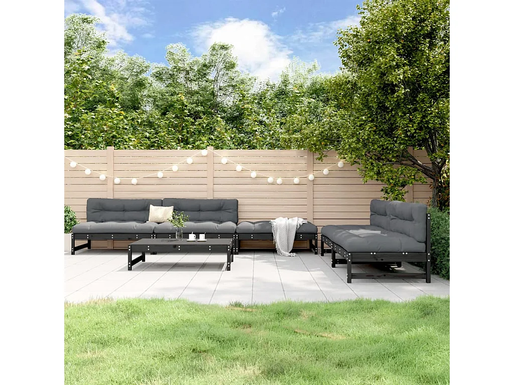 Salon de jardin 6 pcs Noir Bois de pin massif