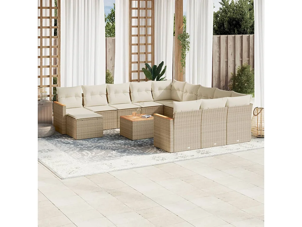 Salon de jardin avec coussins 13 pcs beige résine tressée