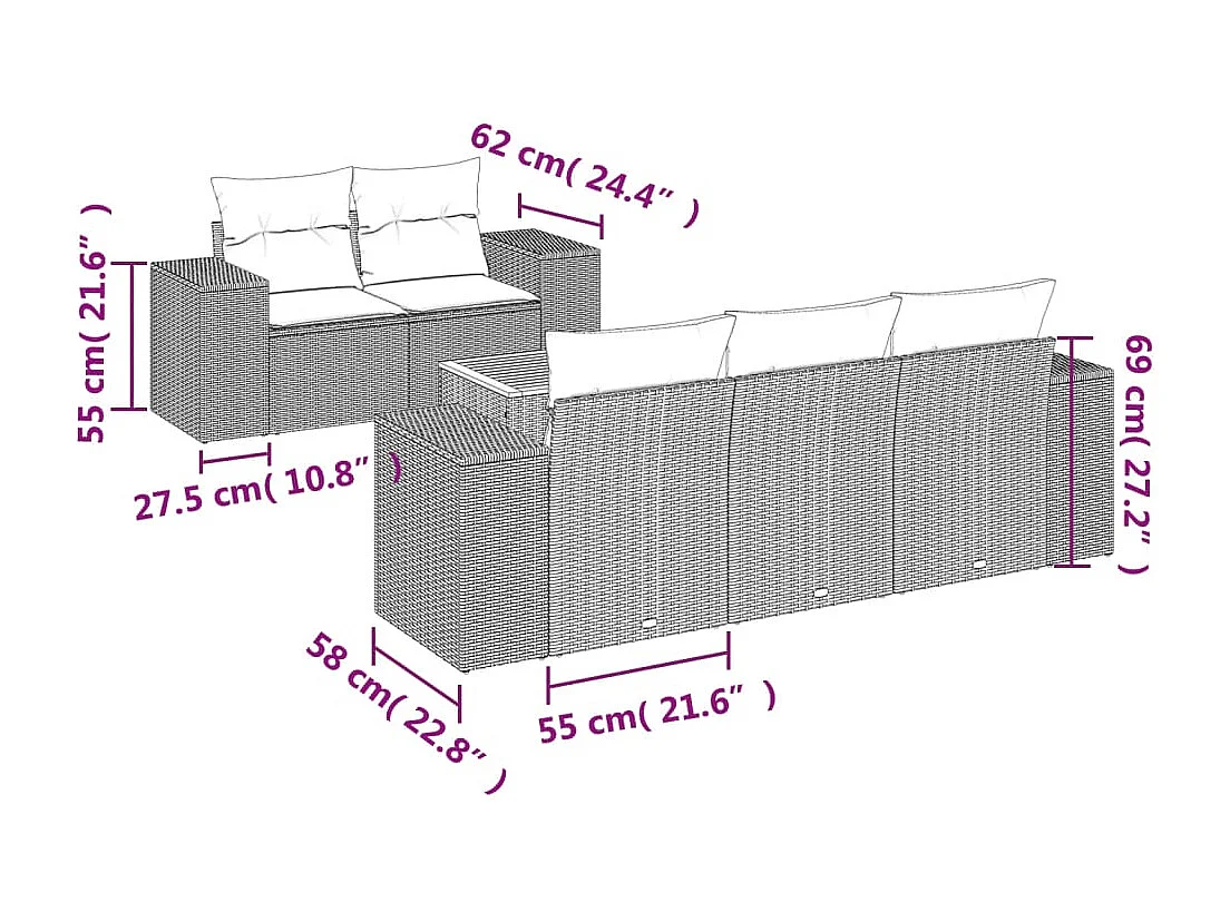 Salon de jardin 6 pcs avec coussins gris résine tressée