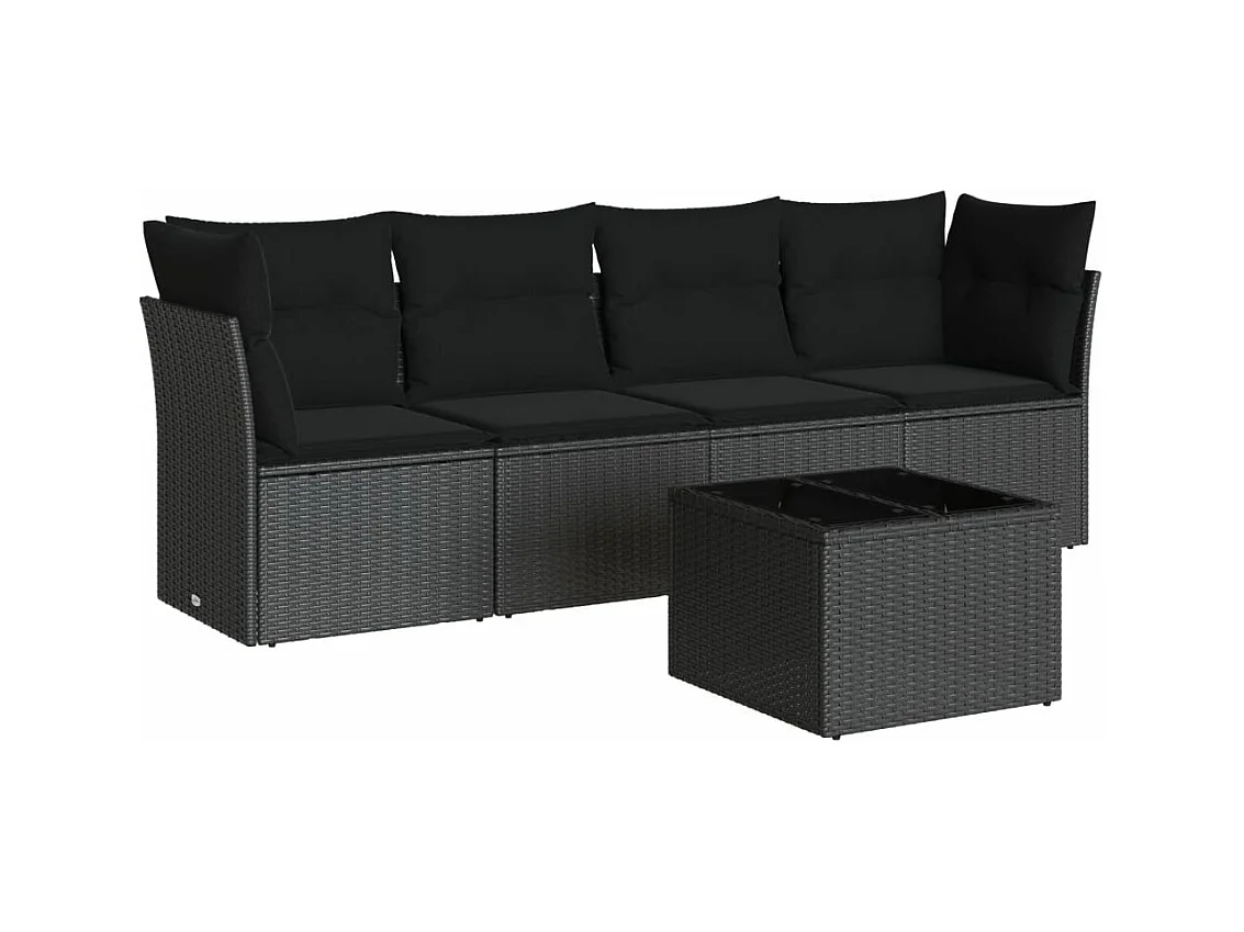 Salon de jardin 5 pcs avec coussins noir résine tressée