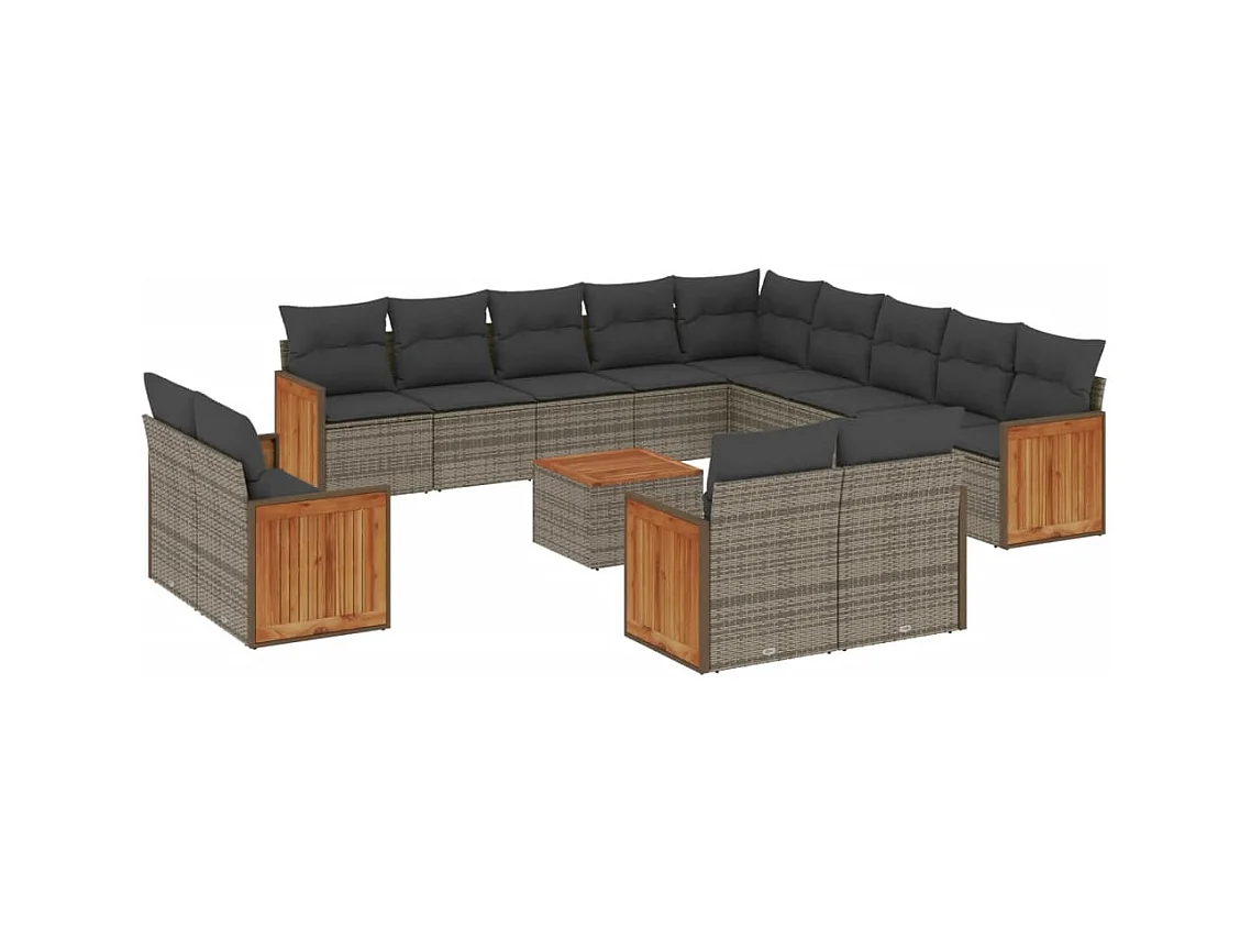Salon de jardin avec coussins 14 pcs gris résine tressée