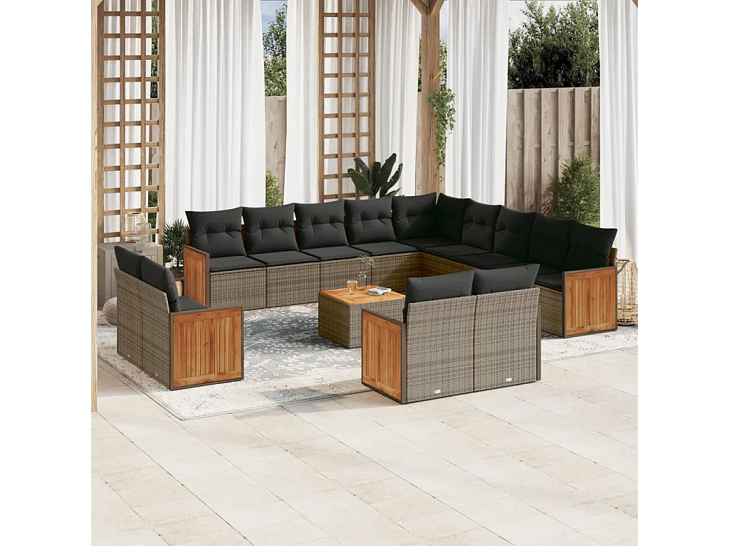 Salon de jardin avec coussins 14 pcs gris résine tressée