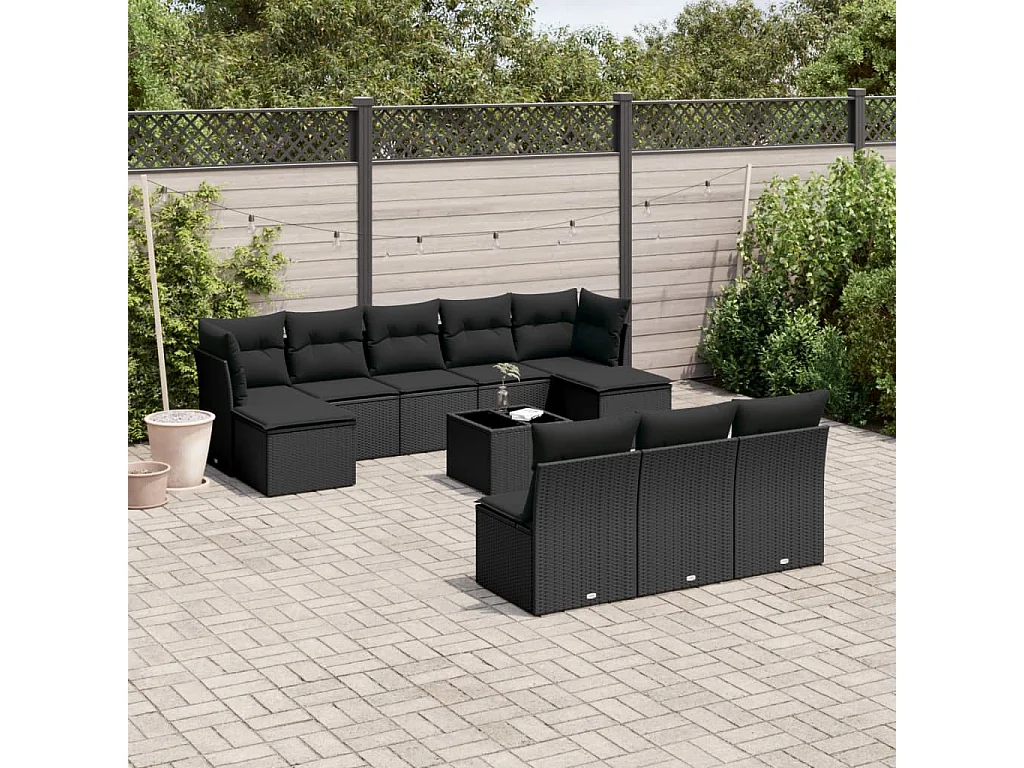 Salon de jardin 11 pcs avec coussins noir résine tressée