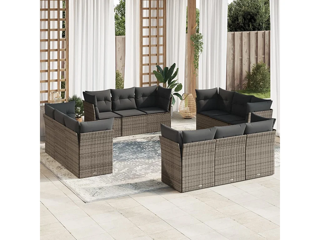 Salon de jardin avec coussins 12 pcs gris résine tressée