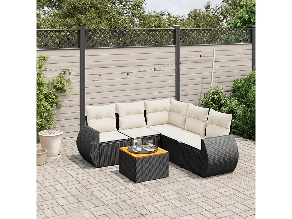 Salon de jardin 6 pcs avec coussins noir résine tressée